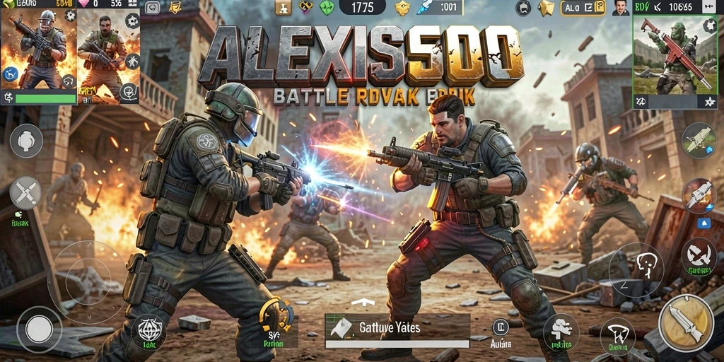 Screenshot ALEXIS500 menampilkan pertempuran intens di arena Battle Royale.