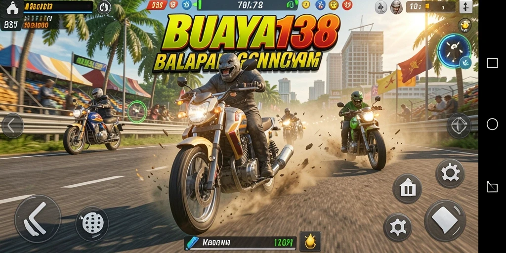 Tampilan gameplay BUAYA138 dengan aksi balapan motor yang mendebarkan.