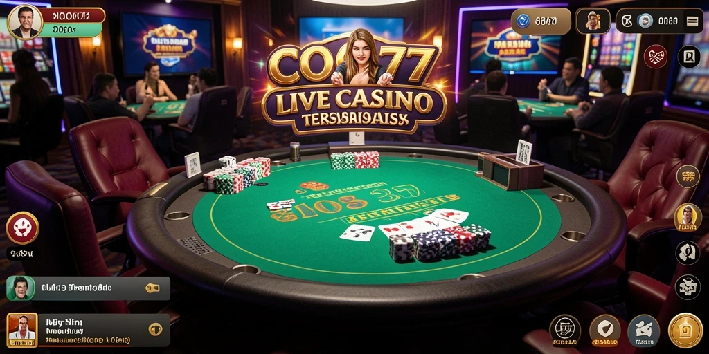 Screenshot COO77 menunjukkan dealer langsung dan pemain menikmati permainan Live Casino.