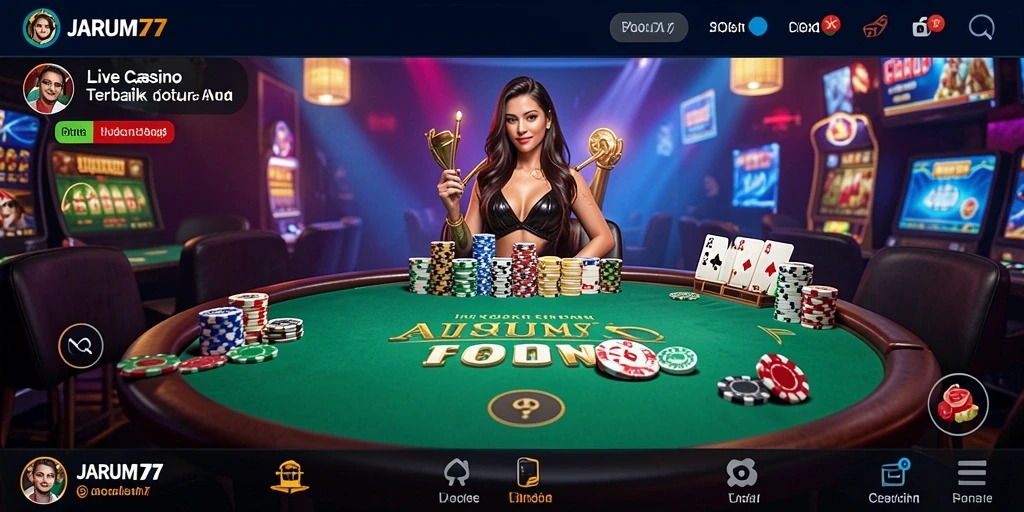 Screenshot gameplay menampilkan dealer profesional dan suasana kasino yang hidup.