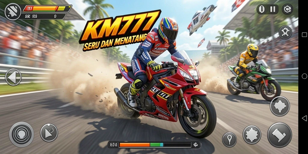 Skrinsut gameplay KM777 menunjukkan serunya balapan motor.