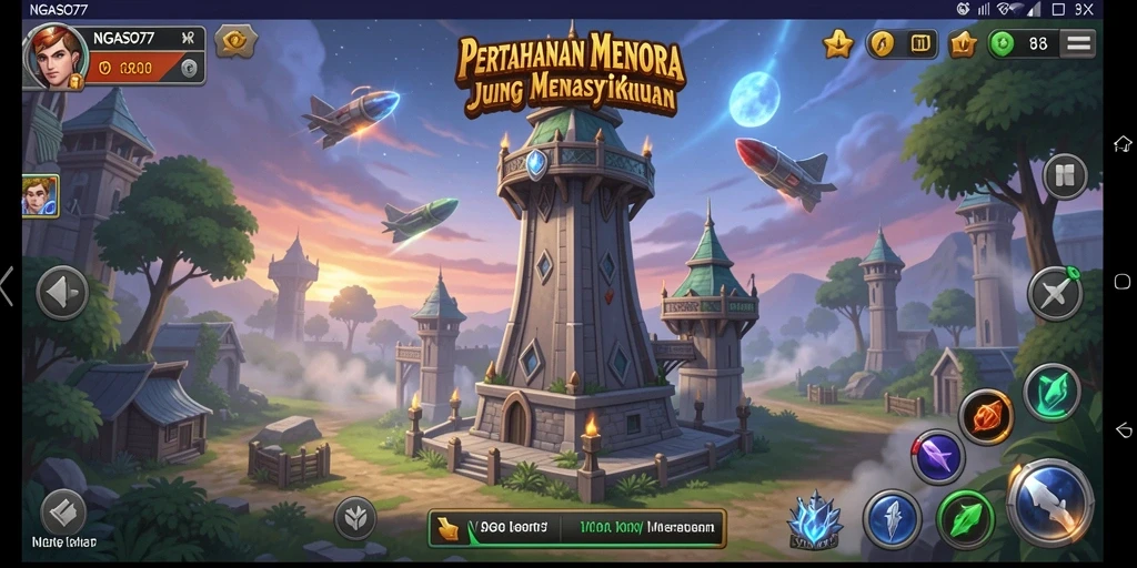 Tampilan gameplay menegangkan di NGASO77 dengan menara pertahanan.