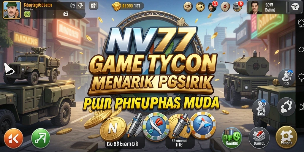 Tampilan gameplay NV77 menunjukkan manajemen bisnis yang dinamis.