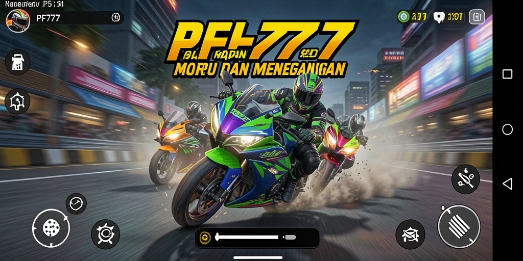 Screenshot utama PF777 menampilkan aksi balapan motor yang mendebarkan.