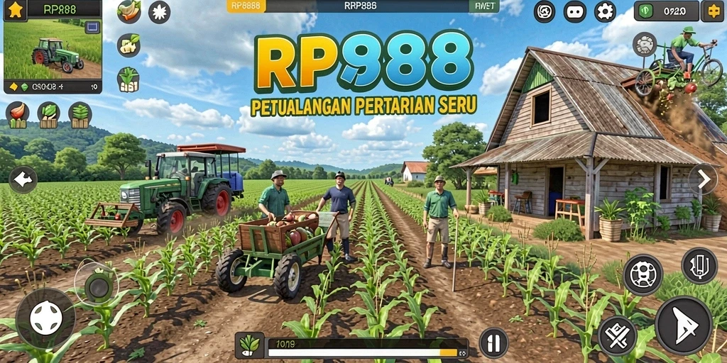 Tangkapan layar gameplay RP888 dengan aktivitas bertani yang menyenangkan.